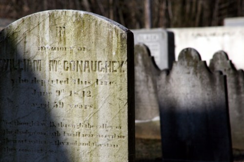 A weathered gravestone in a cemetery, partially obscured, with the name "William McGonaghey" and dates inscribed.