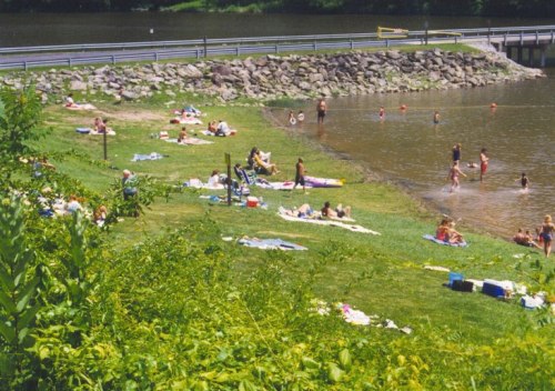 People sunbathe and swim by a river, with towels and picnic items scattered on the grass. Trees and rocks line the shore.