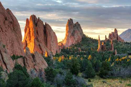 Sunlit red rock formations rise above green trees under a cloudy sky at sunset, creating a stunning natural landscape.