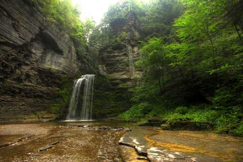 A serene waterfall cascades down rocky cliffs, surrounded by lush green trees and a tranquil pool below.