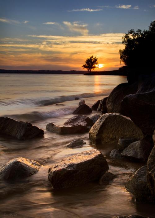 A serene sunset over a calm lake, with rocks in the foreground and a lone tree silhouetted against the sky.