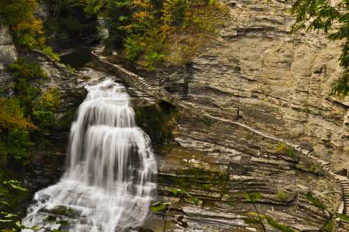 A cascading waterfall flows over rocky cliffs, surrounded by lush greenery and autumn-colored trees.