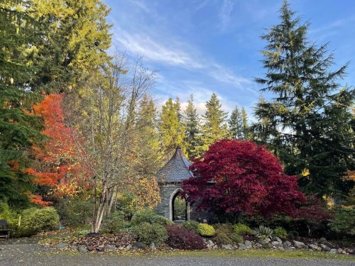 A picturesque garden with vibrant autumn foliage and a stone structure surrounded by tall evergreen trees.