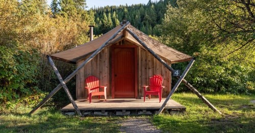 A cozy wooden cabin with a red door and two red chairs on the porch, surrounded by lush greenery and trees.
