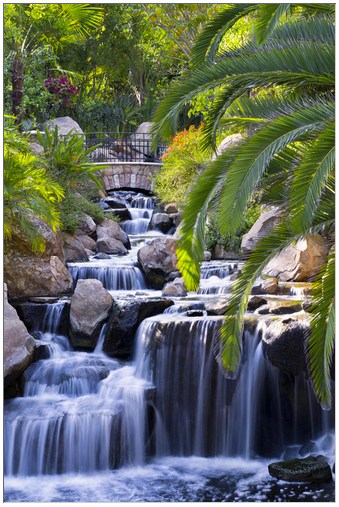 A serene waterfall cascades over rocks, surrounded by lush greenery and palm trees, with a stone bridge in the background.