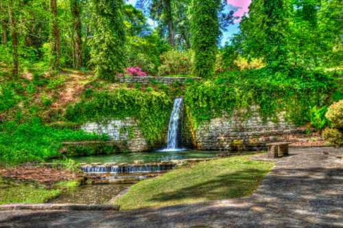 A serene landscape featuring a small waterfall surrounded by lush greenery and vibrant flowers.