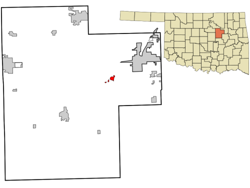 Map showing the location of a small area in Oklahoma, highlighted in red, with surrounding regions in gray.