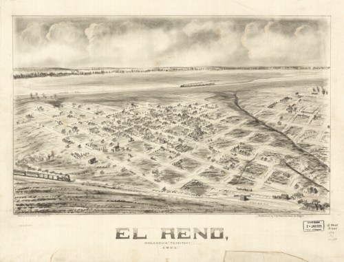 Aerial view illustration of El Reno, Oklahoma, featuring buildings, streets, and a train in the foreground.
