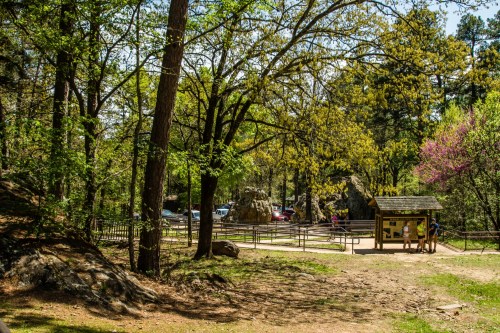 A scenic park with trees, a wooden fence, and a small shelter, surrounded by rocks and a pathway.