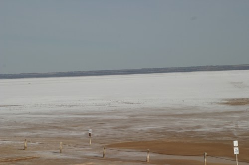 A vast, flat landscape of salt flats with a pale horizon under a clear sky.