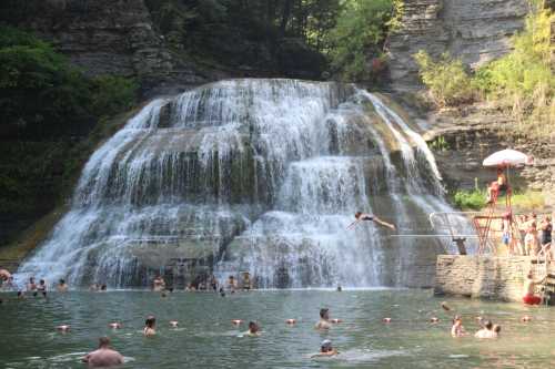 A scenic waterfall with people swimming and diving into a natural pool, surrounded by lush greenery.