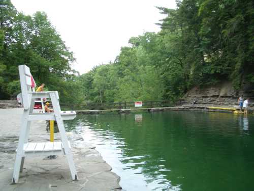 A lifeguard chair beside a green swimming area surrounded by trees, with people in the water and a warning sign visible.