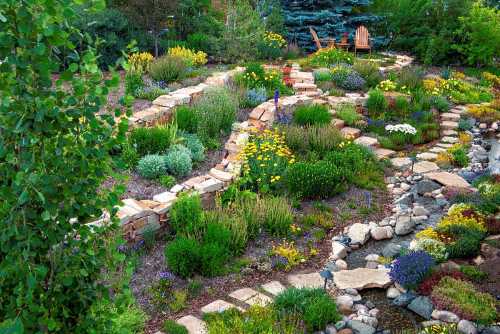 A vibrant garden with winding stone paths, colorful flowers, and lush greenery, featuring a cozy seating area.