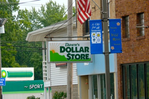 Sign for "Dawn's Dollar Store" with an American flag and nearby banners in a small town setting.