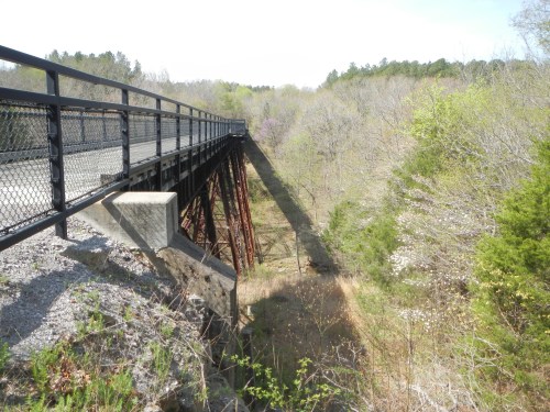 A metal bridge spans a wooded area, supported by tall pillars, with greenery and trees in the background.