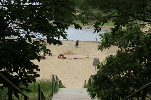 A sandy beach viewed from a staircase, with people enjoying the water and greenery framing the scene.