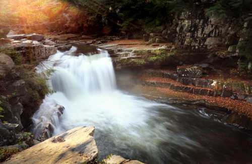 A serene waterfall cascades over rocks, surrounded by lush greenery and autumn leaves, with soft sunlight filtering through.