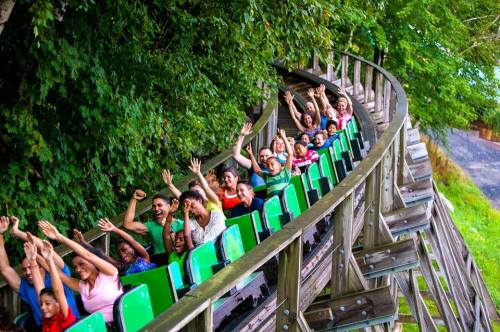 A group of excited people on a roller coaster, raising their hands in joy, surrounded by lush greenery.