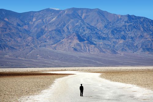 A solitary figure stands on a dry, cracked path in a vast desert landscape with mountains in the background.