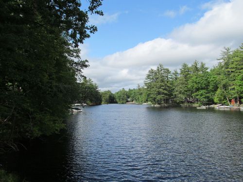 A serene lake surrounded by lush green trees under a partly cloudy sky.