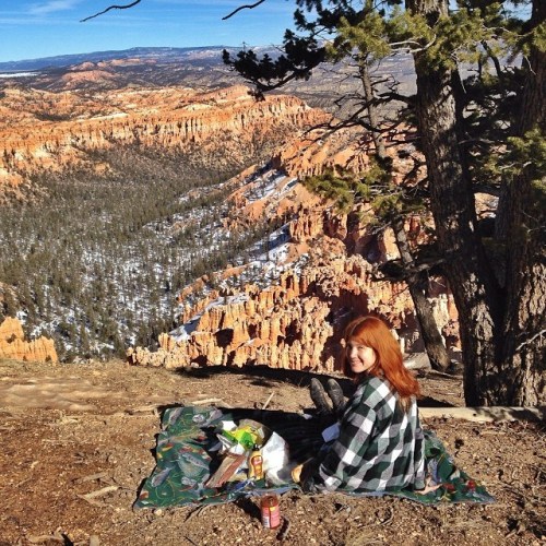 A person sits on a blanket overlooking a scenic canyon, surrounded by trees and rocky cliffs, enjoying a picnic.