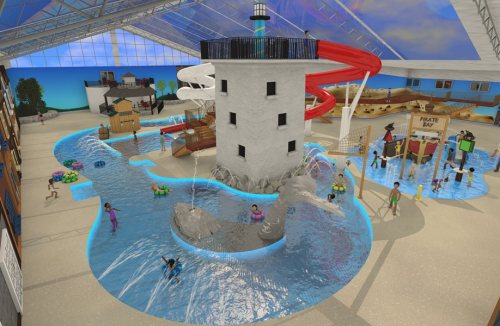 Indoor water park featuring a lighthouse, water slides, play areas, and children swimming in a vibrant, fun environment.