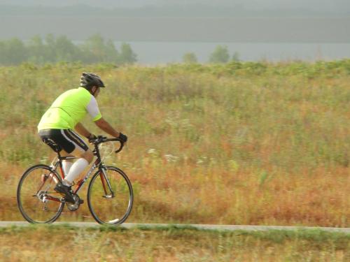 A cyclist in a bright yellow shirt rides along a path through a grassy landscape.