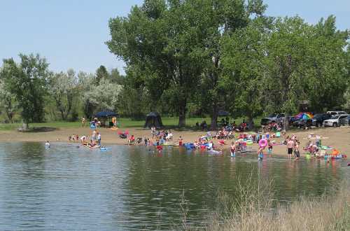 A busy lakeside scene with families enjoying the water, sunbathing, and playing on the beach under green trees.