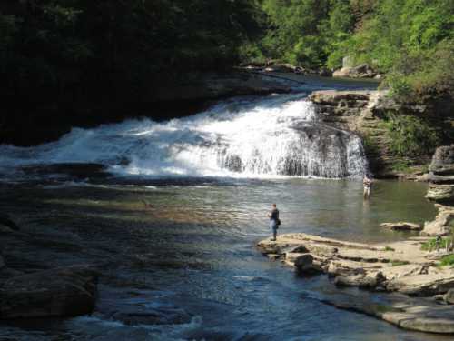 A serene river scene with a waterfall, surrounded by lush greenery and two people fishing in the water.