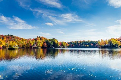 A serene lake surrounded by vibrant autumn foliage under a clear blue sky, reflecting the colorful trees.