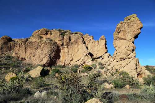 Rock formations rise against a clear blue sky, surrounded by desert vegetation and rugged terrain.