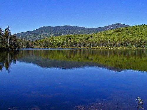 A serene lake reflecting green mountains and a clear blue sky, surrounded by lush trees.