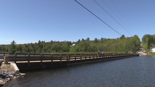A wooden bridge spans a calm lake, surrounded by lush green trees under a clear blue sky.