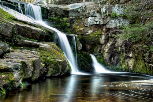 A serene waterfall cascades over moss-covered rocks into a calm pool, surrounded by lush greenery.