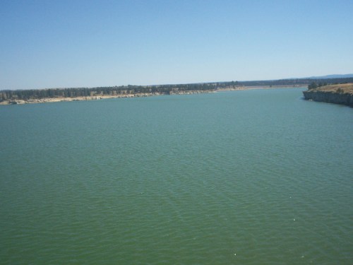 A serene lake surrounded by trees under a clear blue sky, with calm green waters reflecting the landscape.