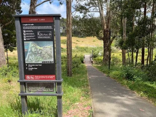 Sign for Lovers' Lane trail with a path leading through trees and greenery, indicating trail length and features.
