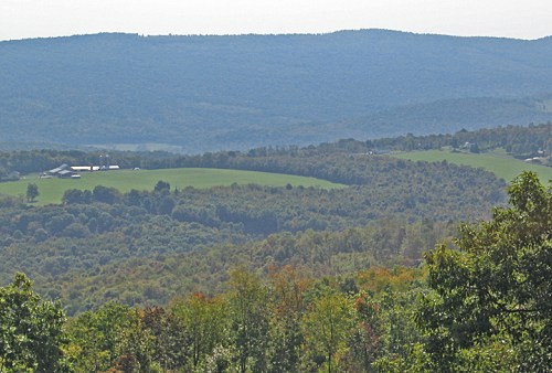 A panoramic view of rolling green hills and distant mountains under a clear sky, with trees in the foreground.
