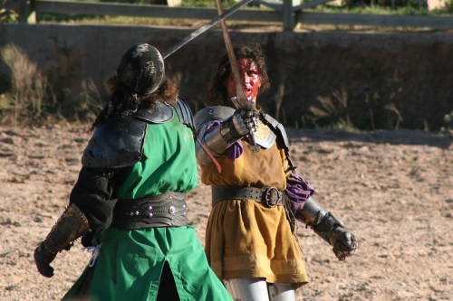 Two armored knights engage in a sword fight, one wearing green and the other in brown, with a dusty arena in the background.