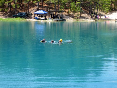 Three people swimming in a clear blue lake, with a shaded area and trees in the background.