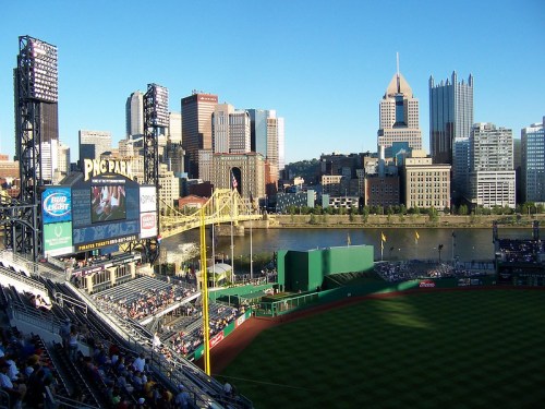 View of PNC Park with Pittsburgh skyline and river in the background, featuring a clear blue sky and baseball field.
