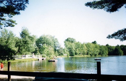 A serene lake surrounded by lush greenery, with people on a dock and swimming platforms in the distance.