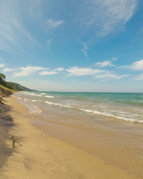 A serene beach scene with gentle waves, soft sand, and a clear blue sky. Lush greenery in the background.
