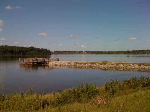 A calm lake scene with a wooden dock, surrounded by greenery and blue skies with scattered clouds.