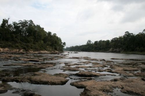 A serene river scene with rocky banks, surrounded by lush greenery under a cloudy sky.