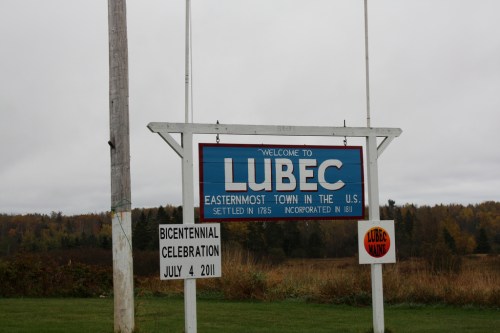 Welcome sign for Lubec, the easternmost town in the U.S., with details about its bicentennial celebration.