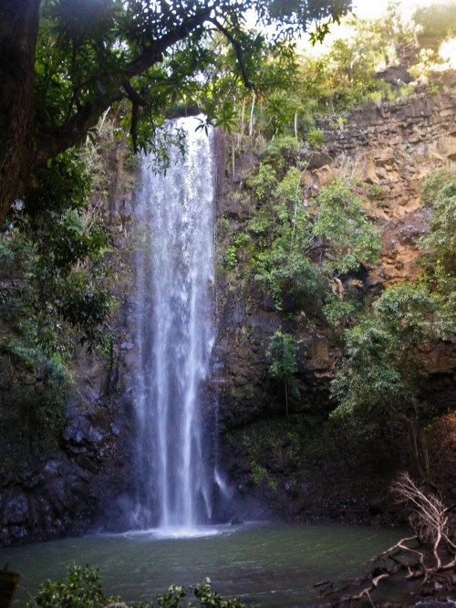 A serene waterfall cascading down rocky cliffs, surrounded by lush greenery and a tranquil pool below.