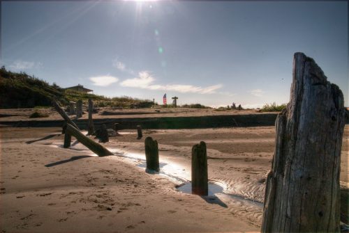 A sandy beach scene with weathered wooden posts and gentle waves under a bright sky.