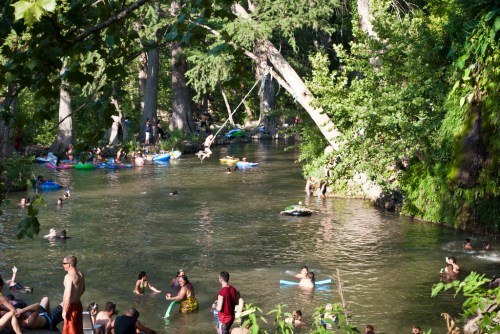 A lively river scene with people swimming, floating on tubes, and enjoying the sun among lush greenery.