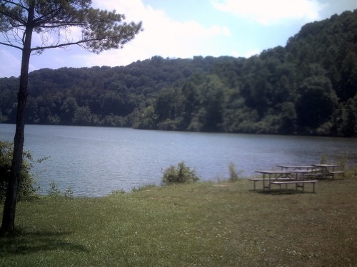 A serene lake surrounded by green hills, with picnic tables on the grassy shore under a clear blue sky.