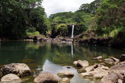 A serene landscape featuring a waterfall cascading into a calm pool, surrounded by lush greenery and rocky terrain.